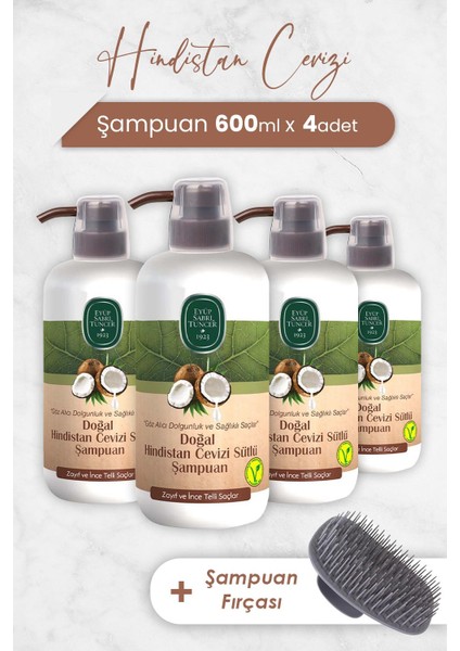 Hindistan Cevizi Şampuan 600 ml x 4 Adet ve Şampuan Fırçası