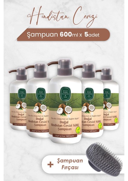 Hindistan Cevizi Şampuan 600 ml x 5 Adet ve Şampuan Fırçası