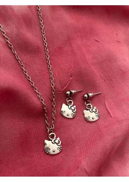 Hello Kitty Kolye ve Küpe Set Antik Gümüş Kaplama