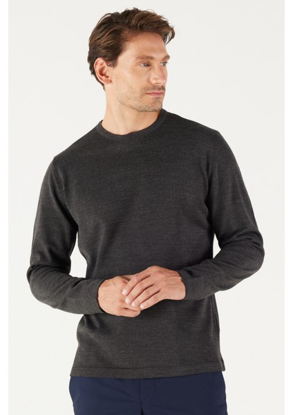 AC&Co / Altınyıldız Classics Erkek Antrasit-melanj Standart Fit Normal Kesim Sıcak Tutan Bisiklet Yaka Triko Kazak