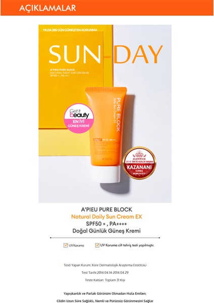 Missha Doğal Günlük Güneş Kremi  A'PIEU Pure Block Daily Sun Cream Ex SPF45/PA+++ 50ml