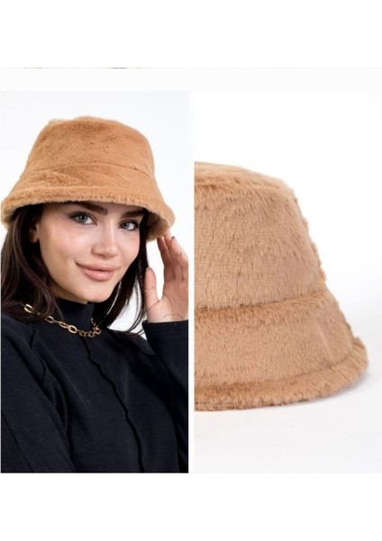 Tavşan Tüyü Peluş Bucket Kova Moda Kadın Kışlık Şapka