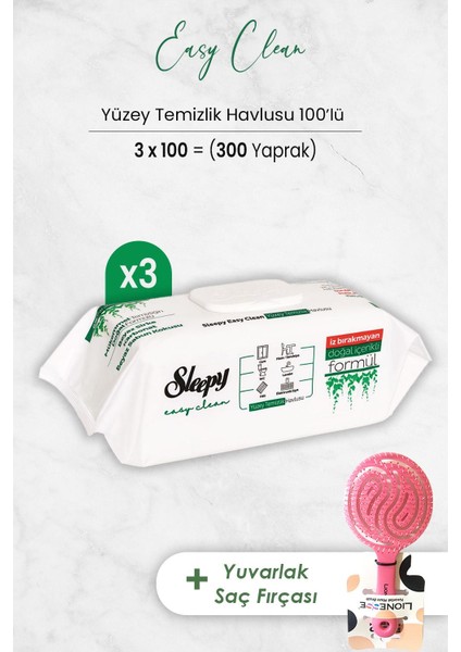 Easy Clean Yüzey Temizlik Havlusu 100' Lü x 3 Adet ve Saç Fırçası Yuvarlak Pembe