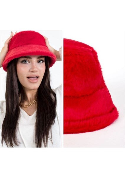Tavşan Tüyü Peluş Bucket Kova Moda Kadın Kışlık Şapka