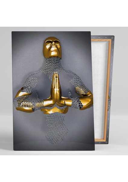 Gold Detaylı Dua Eden Metal Adam Dikey Kanvas Tablo