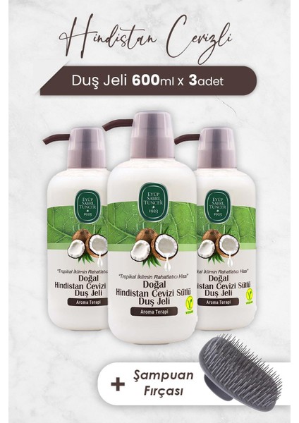 Hindistan Cevizi Duş Jeli 600 ml x 3 Adet ve Şampuan Fırçası