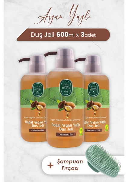 Argan Yağlı Duş Jeli 600 ml x 3 Adet ve Şampuan Fırçası