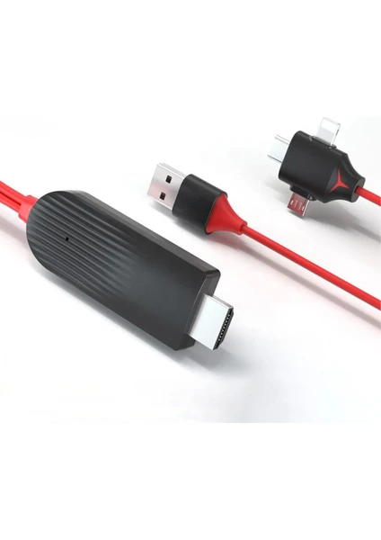 Tüm Telefon ve Tabletler Için Hdmı Tv Görüntü Aktarım Kablosu : Type-C + Lightning + Micro USB To HDMI 2m Kablo.