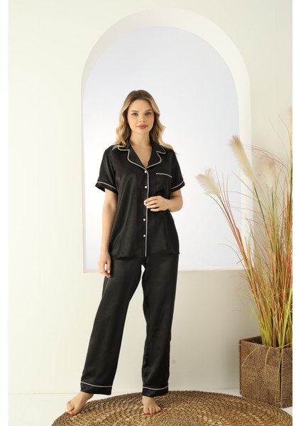 Siyah Saten Kısa Kollu Düğmeli Biyeli Pijama Takımı