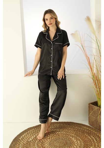 Siyah Saten Kısa Kollu Düğmeli Biyeli Pijama Takımı fiyatları