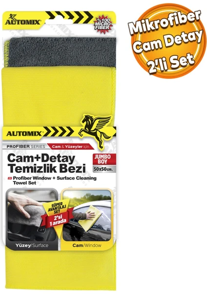 Automix Araba Araç Otomobil Oto Iç Dış Ofis Ev Cam Kurulama Temizleme Mikrofiber Bez 2'li Set 50X50