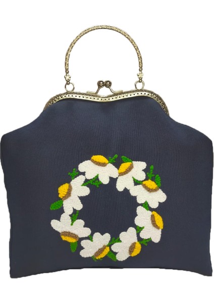 Metal Klipsli El Yapımı Vintage El Çantası - Punch Işlemeli -Lacivert