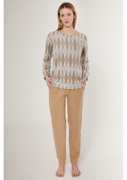 8764 Equilateral Triangle Pattern Kadın Uzun Kol Pijama Takım