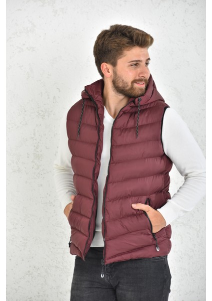 Erkek Bordo Jel Dolgulu Fermuarlı Çıkartılabilir Kapüşonlu Şişme Yelek fiyatları
