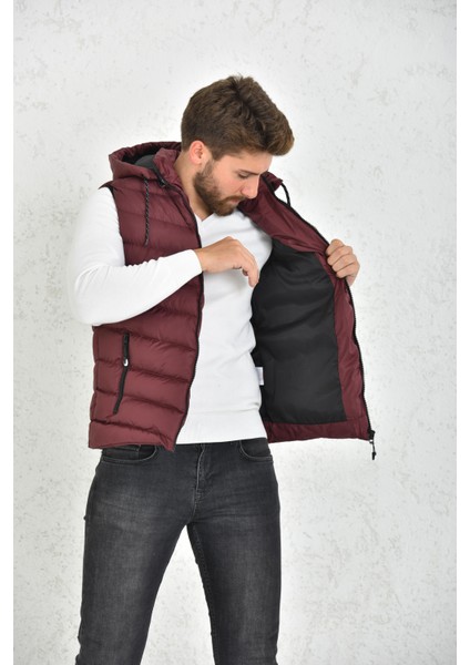 Erkek Bordo Jel Dolgulu Fermuarlı Çıkartılabilir Kapüşonlu Şişme Yelek modelleri