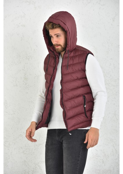 Erkek Bordo Jel Dolgulu Fermuarlı Çıkartılabilir Kapüşonlu Şişme Yelek fırsatları