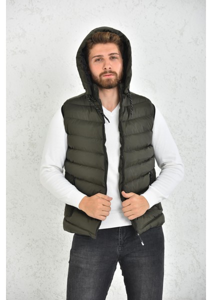 Erkek Haki Jel Dolgulu Fermuarlı Çıkartılabilir Kapüşonlu Şişme Yelek
