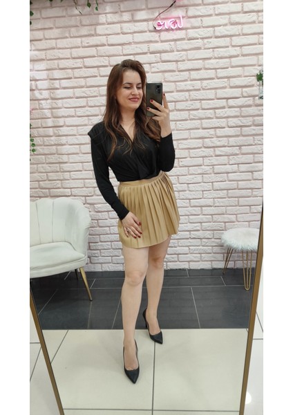 Kadın Kışlık Kalın Deri Yüksek Bel Süet Pliseli Şort Etek