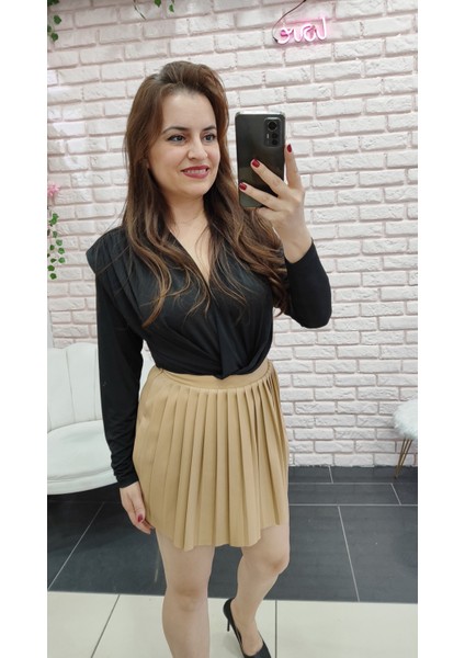 Kadın Kışlık Kalın Deri Yüksek Bel Süet Pliseli Şort Etek