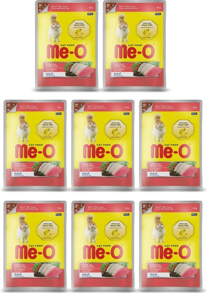 8 Paket Meo Adult Jöle Içerisinde Ton Balık ve Beyaz Balıklı Yetişkin Kedi Konservesi 80 gr