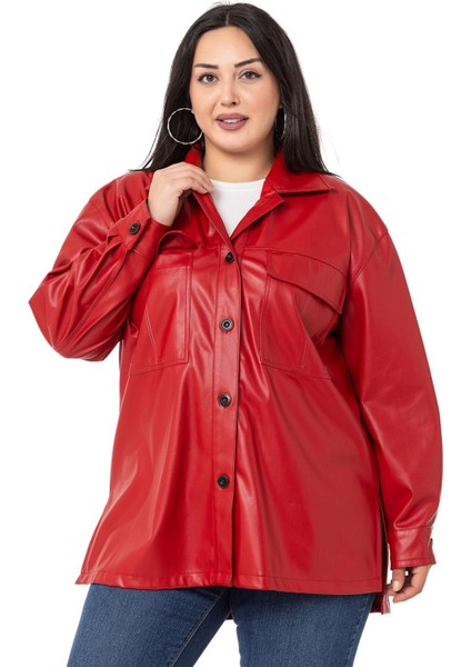 Büyük Beden Kapaklı Cepli Yanları Yırtmaçlı Deri Kırmızı Gömlek