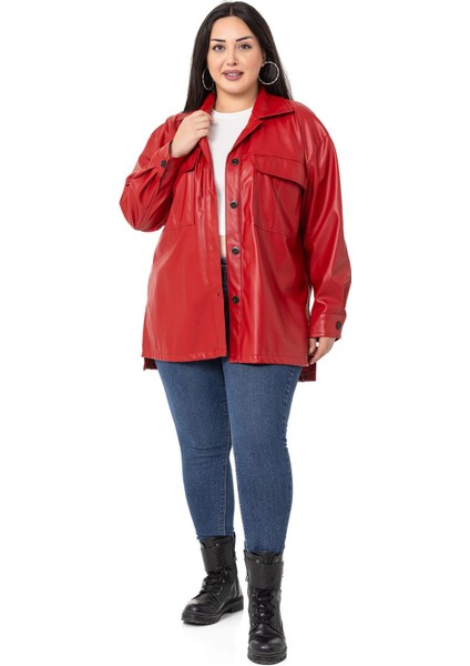 Büyük Beden Kapaklı Cepli Yanları Yırtmaçlı Deri Kırmızı Gömlek fiyatları