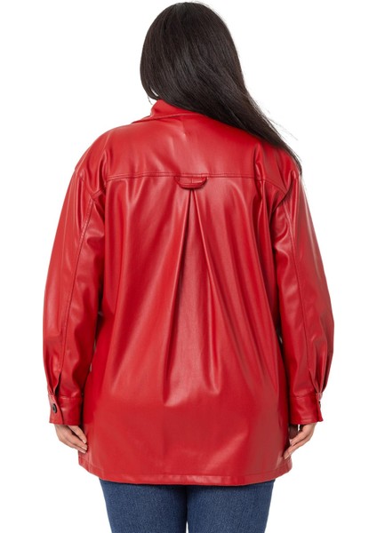 Büyük Beden Kapaklı Cepli Yanları Yırtmaçlı Deri Kırmızı Gömlek modelleri