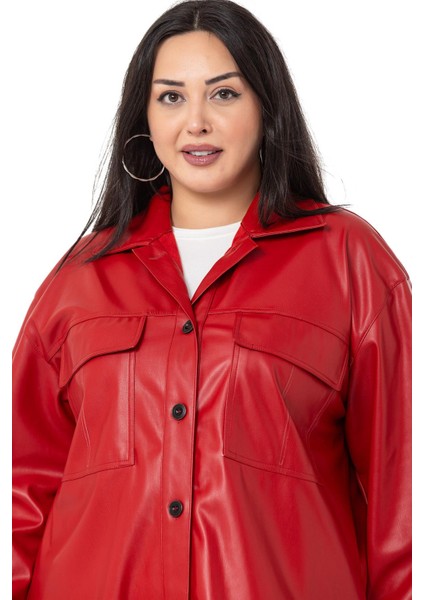 Büyük Beden Kapaklı Cepli Yanları Yırtmaçlı Deri Kırmızı Gömlek fırsatları