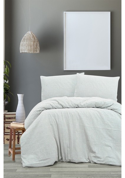 Gri Keten Çizgili Tek Kişilik Nevresim Yastık Seti 160x220 cm