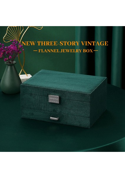 Üç Katmanlı Yeni Vintage Flanel Mücevher Kutusu Küpe Küpe Yüzük Kolye Takı Saklama Kutusu Koyu Yeşil (Yurt Dışından)