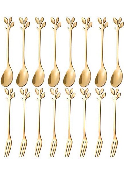 20pcs Tatlı Kaşığı Ve Çatal Seti Kek Çatalı Kahve Kaşığı Meyve Çatalı Paslanmaz Çelik - Altın (Yurt Dışından)