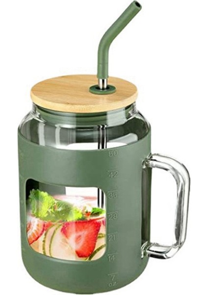50oz Bambu Kapaklı Ve Pipetli Cam Bardak, Zaman Işaretli Cam Su Şişeleri, Yeşil Saplı Buzlu Kahve Fincanı (Yurt Dışından)