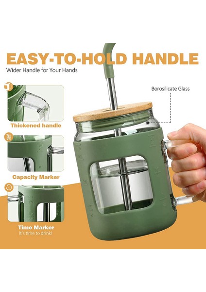 50oz Bambu Kapaklı Ve Pipetli Cam Bardak, Zaman Işaretli Cam Su Şişeleri, Yeşil Saplı Buzlu Kahve Fincanı (Yurt Dışından)