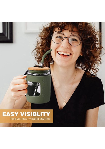 50oz Bambu Kapaklı Ve Pipetli Cam Bardak, Zaman Işaretli Cam Su Şişeleri, Yeşil Saplı Buzlu Kahve Fincanı (Yurt Dışından)