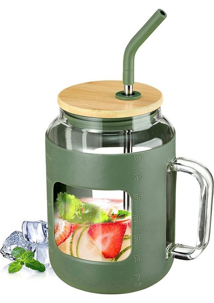 50oz Bambu Kapaklı Ve Pipetli Cam Bardak, Zaman Işaretli Cam Su Şişeleri, Yeşil Saplı Buzlu Kahve Fincanı (Yurt Dışından)