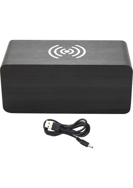 Ahşap Led Dijital Saat Ses Kontrolü Fonksiyonu, Saat Tarihi, Ofis Için Sıcaklık Göstergesi Ile Uyumlu Kablosuz Şarj Pedi Için Ahşap Çalar Saat - Siyah (Yurt Dışından)