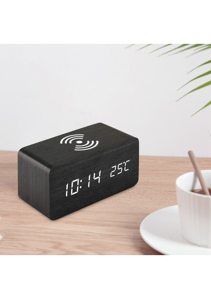 Ahşap Led Dijital Saat Ses Kontrolü Fonksiyonu, Saat Tarihi, Ofis Için Sıcaklık Göstergesi Ile Uyumlu Kablosuz Şarj Pedi Için Ahşap Çalar Saat - Siyah (Yurt Dışından) modelleri
