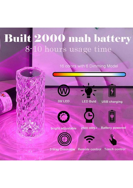 Kristal Dokunmatik Masa Lambası Led Gece Lambası, 16 Renk Usb Şarj Edilebilir Güller Dokunmatik Kontrollü Elmas Masa Lambası (Yurt Dışından)