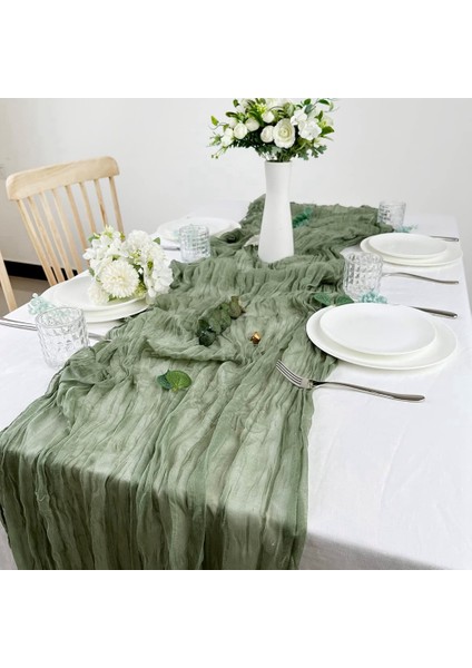 Paket 90x400cm Adaçayı Yeşil Tülbent Masa Koşucu Uzun Rustik Gazlı Bez Masa Koşucu Romantik Yarı (Yurt Dışından)