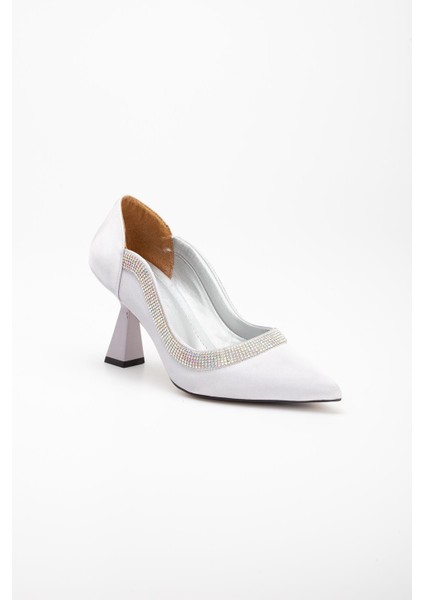Saten Kalın Sıra Taşlı Gümüş Kadın Kadeh Topuk Stiletto fırsatları