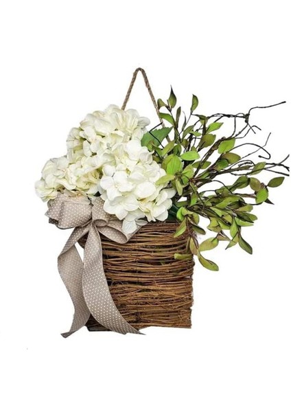 Krem Ortanca Kapı Askı Sepeti Çelengi, Bahar Ve Yaz Çelengi, Çiftlik Evi Kapı Askısı Kır Çiçeği Sepet Çelengi (Yurt Dışından)