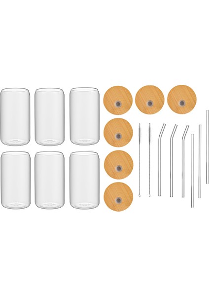 6 Bambu Kapaklı Ve 6 Cam Pipetli 6 Adet Set Içme Bardağı, 16oz Şekilli Cam Bardak, Şeffaf Buzlu Kahve Fincanı (Yurt Dışından)