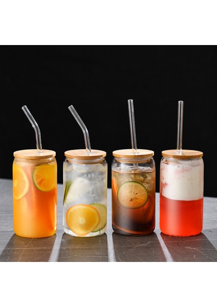 6 Bambu Kapaklı Ve 6 Cam Pipetli 6 Adet Set Içme Bardağı, 16oz Şekilli Cam Bardak, Şeffaf Buzlu Kahve Fincanı (Yurt Dışından)