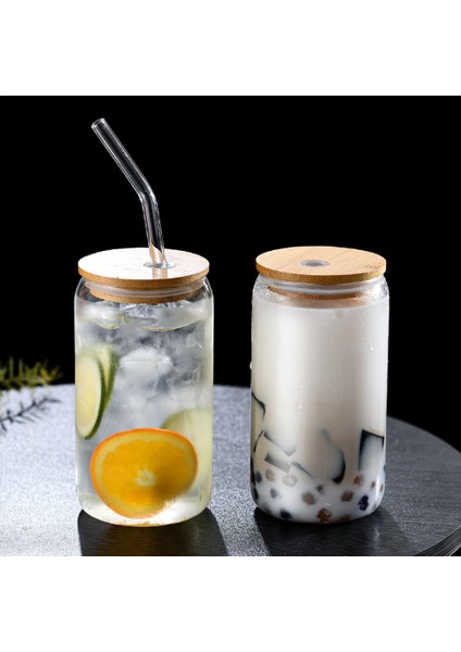 6 Bambu Kapaklı Ve 6 Cam Pipetli 6 Adet Set Içme Bardağı, 16oz Şekilli Cam Bardak, Şeffaf Buzlu Kahve Fincanı (Yurt Dışından)