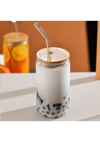 6 Bambu Kapaklı Ve 6 Cam Pipetli 6 Adet Set Içme Bardağı, 16oz Şekilli Cam Bardak, Şeffaf Buzlu Kahve Fincanı (Yurt Dışından)
