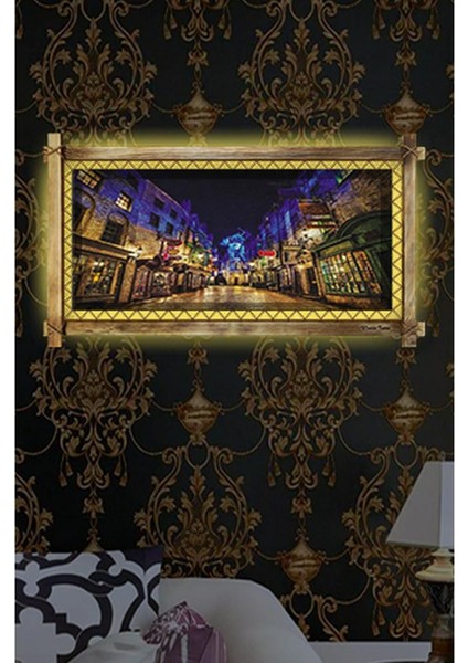 Kanvas Gece Sokak Işıklar LED Işıklı Rustik Tablo 96 x 66 cm
