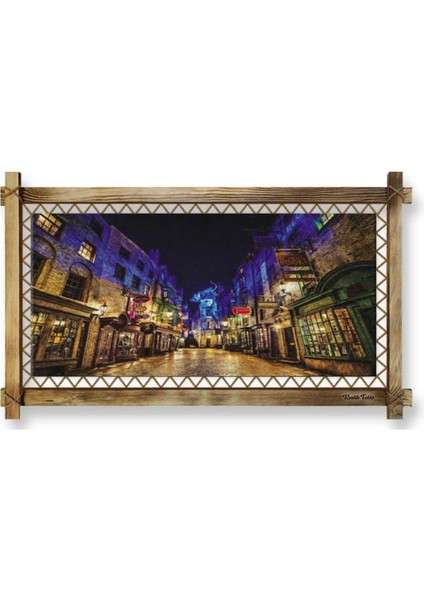 Kanvas Gece Sokak Işıklar LED Işıklı Rustik Tablo 96 x 66 cm