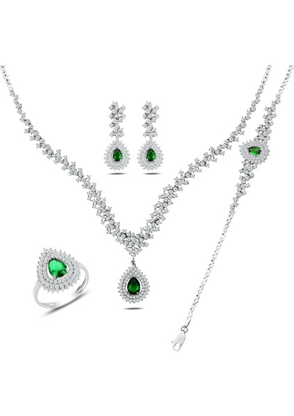 925 Ayar Gümüş Hürrem Pırlanta Montür Su Yolu Kolye - Bileklik - Küpe - Yüzük Seti