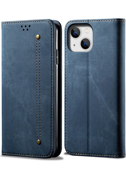 Iphone 15 Için Plus Şok Geçirmez Telefon Kasası Cüzdanı Pu Deri Kot Pantolon Doku Dokusu Telefon Kapak-Mavi (Yurt Dışından)