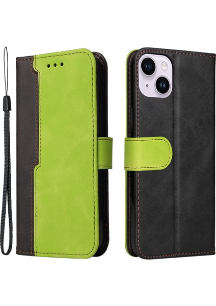 Iphone 15 Plus Business Phone Kılıfı Stand Cüzdan Çift Renkli Ekleme Pu Deri Kapak Yeşili (Yurt Dışından)